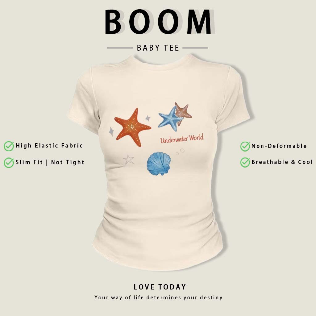 BOOM Áo Baby Tee Nữ Cotton Ôm Body-Áo Thun Ngắn Tay Y2K In Hình PhongCách Mùa Hè, Cổ Tròn Hàng Đầucách hàn quốc phongE40