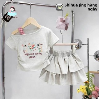 Set bé gái lệch vai mùa hè - Áo in thú vui nhộn + váy tầng xếp lớp phong cách năng động dễ phối