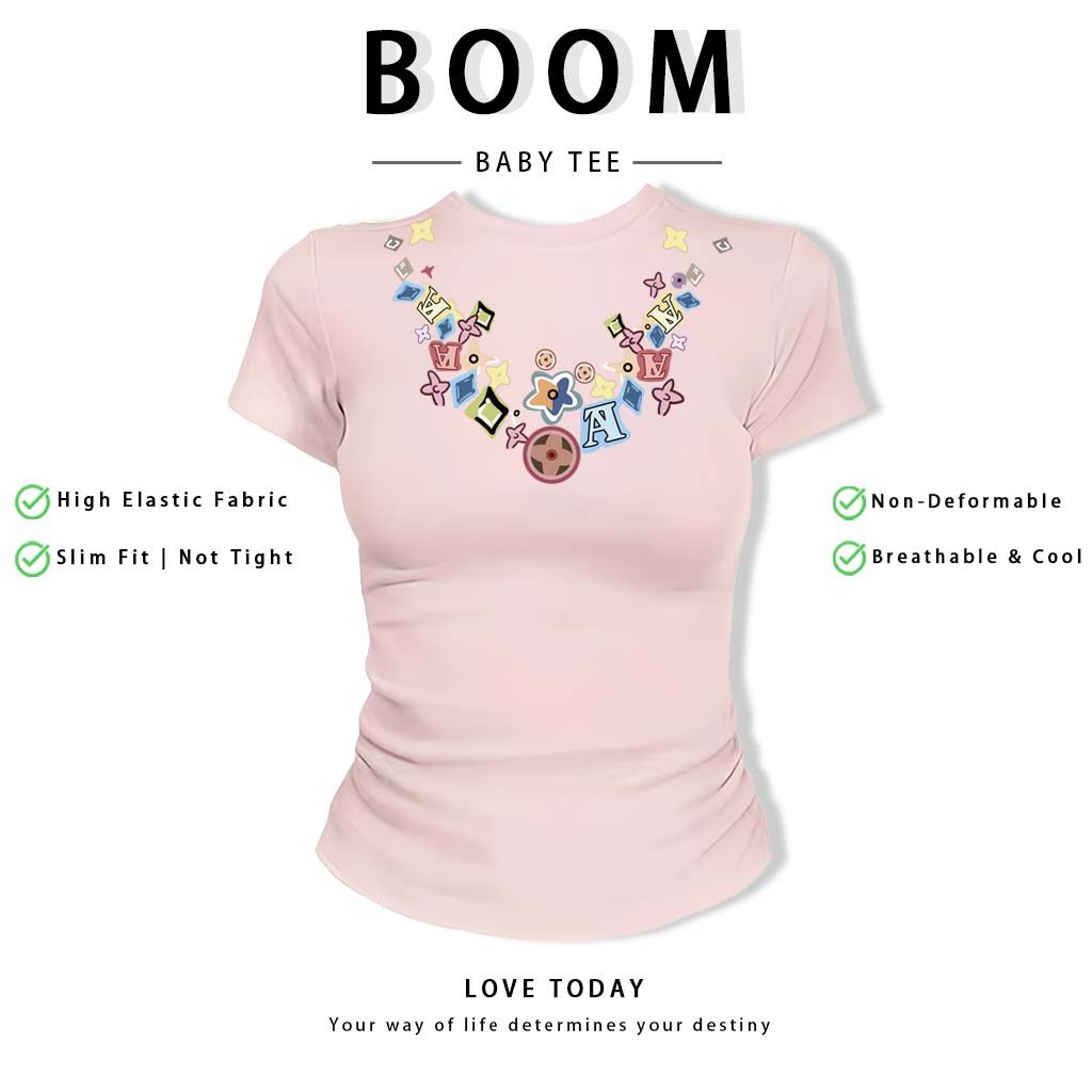 BOOM Áo Baby Tee Nữ Cotton Ôm Body-Áo Thun Ngắn Tay Y2K In Hình PhongCách Mùa Hè, Cổ Tròn Hàng Đầucách hàn quốc phongR13