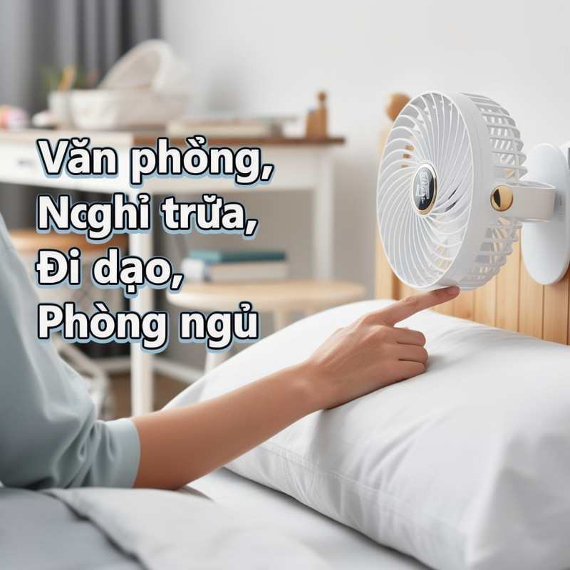 quạt tích điện mini xoay 360 độ 5 cấp gió không tiếng ồn pin lâu đèn ngủ phòng ngủ văn phòng