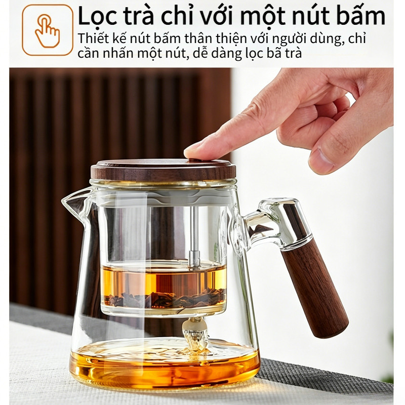 Ấm Trà Thủy Tinh Có Nút Ấn – Tách Nước & Bã Trà, Lọc Inox, Chịu Nhiệt, Pha Trà Gia Dụng Tiện Lợi, Đẹp & Dễ Dùng