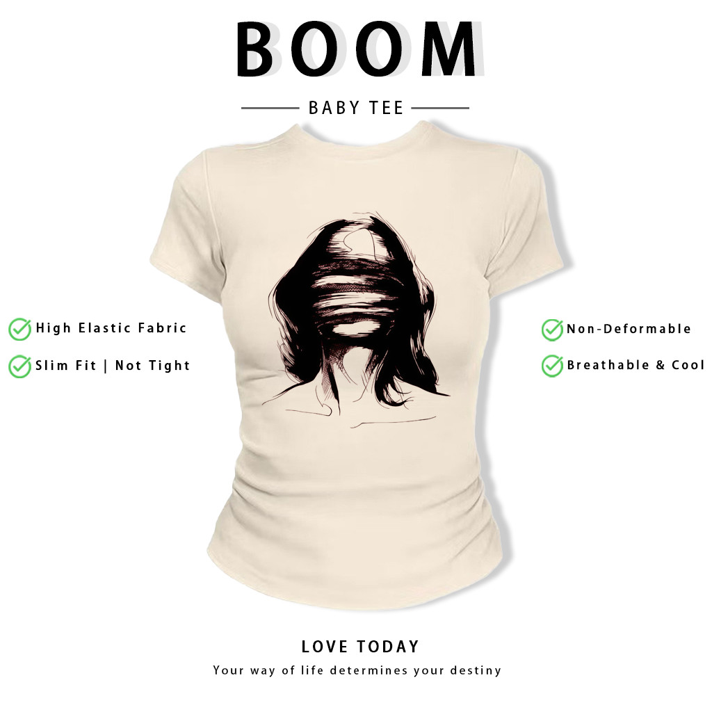 BOOM Áo Baby Tee Nữ Cotton Ôm Body-Áo Thun Ngắn Tay Y2K In Hình PhongCách Mùa Hè, Cổ Tròn Hàng Đầucách hàn quốc phongR43
