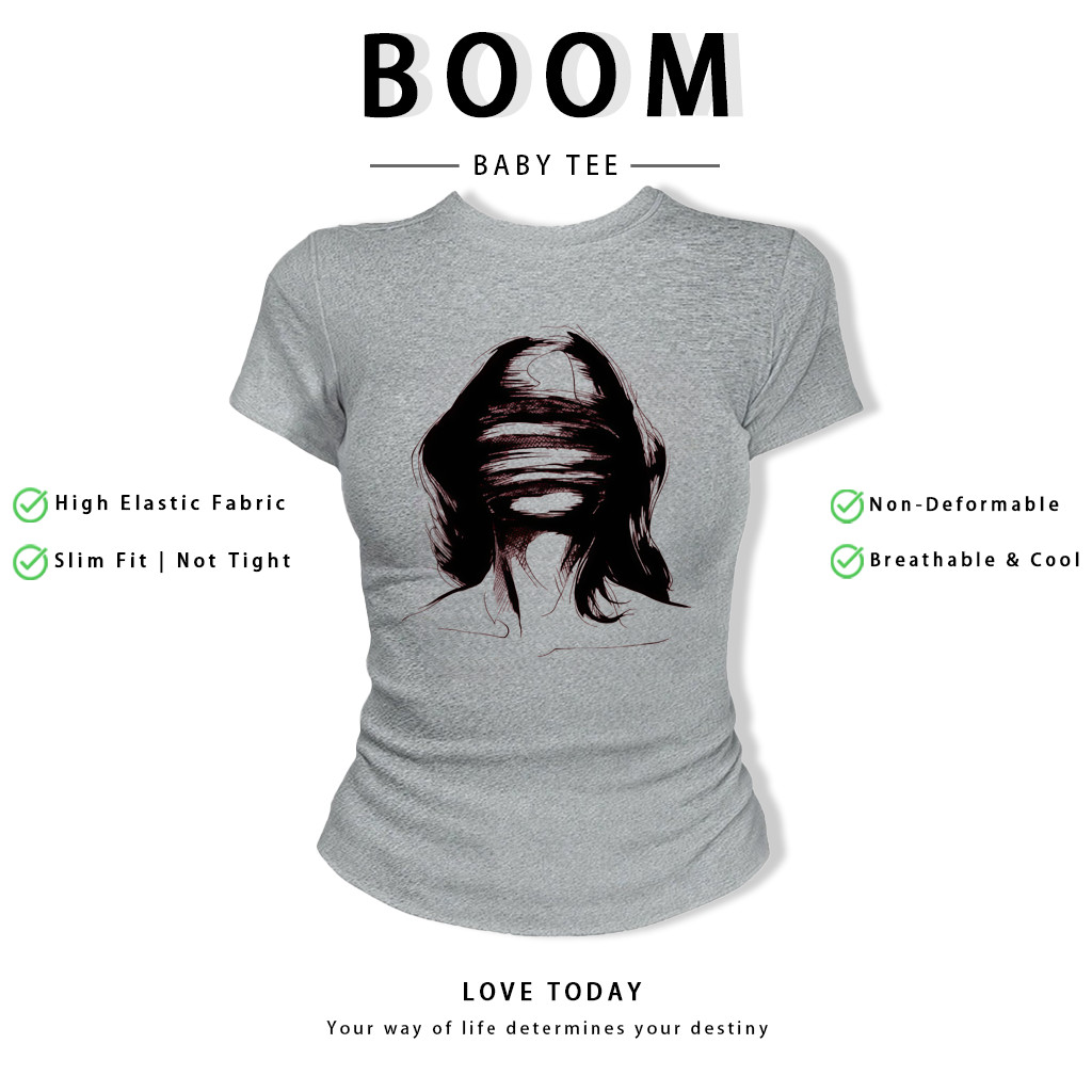 BOOM Áo Baby Tee Nữ Cotton Ôm Body-Áo Thun Ngắn Tay Y2K In Hình PhongCách Mùa Hè, Cổ Tròn Hàng Đầucách hàn quốc phongR43