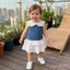 Đầm Denim chữ A cho bé gái màu xanh không tay cổ búp bê ren chắp vá Váy viền