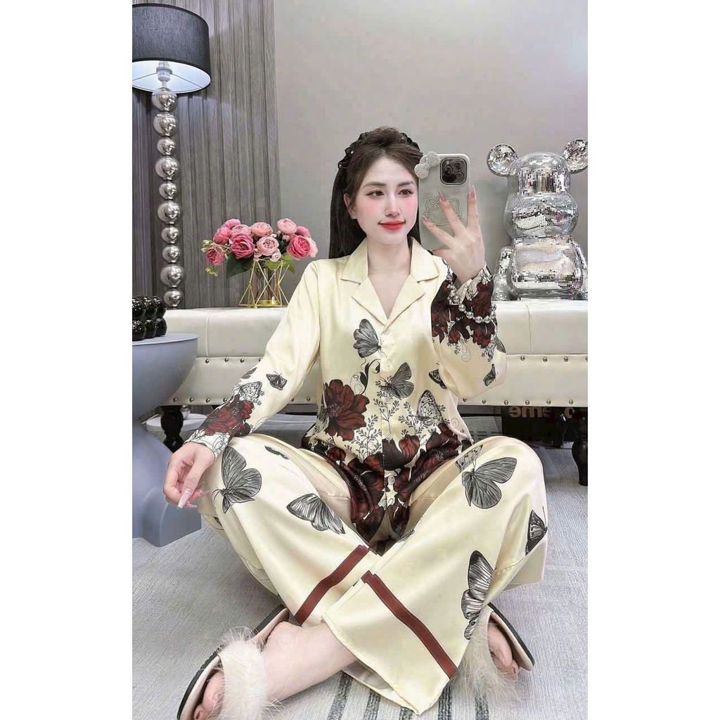 FFKK Bộ đồ ngủ lụa satin Phù hợp: mặc nhà, ngủ, nghỉ dưỡng, quà tặng 43-80KG.