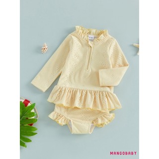 MG-2 Chiếc Bộ Đồ Bơi Bé Gái Tập Đi Dài Tay Frill Mock Cổ Dây Thêu Áo Và Đáy Rash Guard Bộ Đồ Tắm