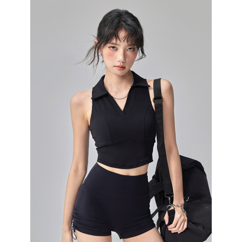 Phong Cách Mới Một Mảnh Áo Vest Thể Thao Có Miếng Lót Ngực Nữ Ve Áo Không Tay Tập Yoga Chạy polo Thể Dục Top Mùa Hè