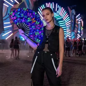 Quạt cầm tay DARON Rave, Quạt Kung Fu gấp 33cm, Phong cách Huỳnh quang UV Phát sáng ba chiều Trang trí quạt cầm tay gấp lớn