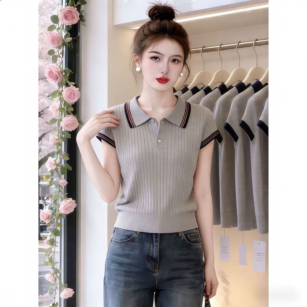 Phiên Bản Hàn Quốc Sợi Cotton Màu Xám Dệt Kim Áo Sơ Mi Polo Mùa Hè Phong Cách Mới Thời Trang Đi Lại Phù Hợp Với Thời Trang Mỏng Hơn Nhìn Top Tính Khí Thanh Lịch Thường Ngày Thiết Kế Đơn Giản Niche Cảm Giác Cao Cấp Nữ Ngắn-