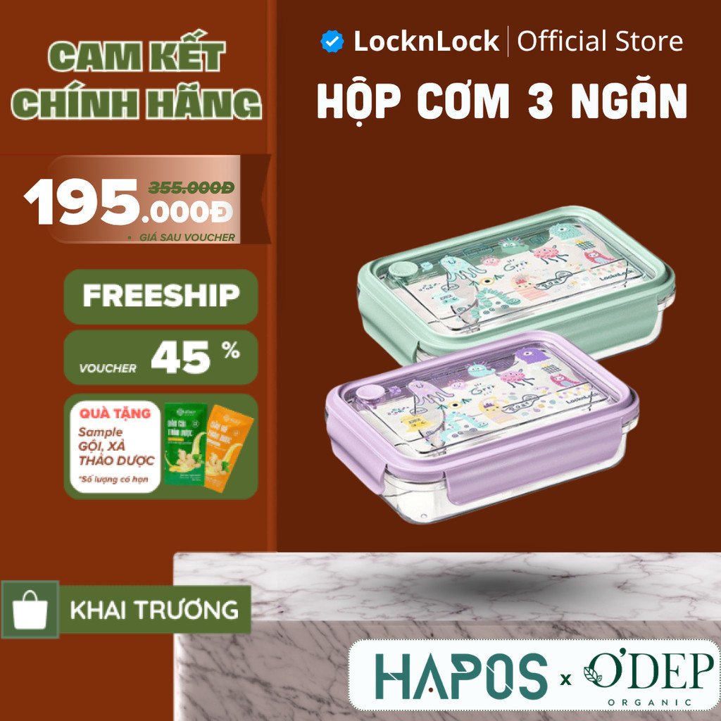 Hộp cơm 3 ngăn LocknLock 750ml LCB501 Và 1L LCB502, Hàng chính hãng, chất liệu PCT - HAPOS LOF