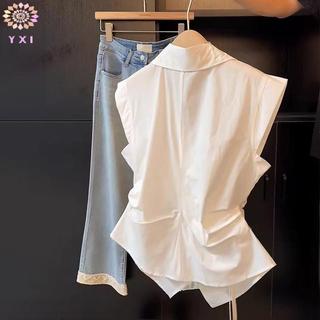 Y.X.I Pháp Tính Khí Ve Áo Áo Sơ Mi Không Tay Sang Trọng Không Đều Eo cinching Top Dành Cho Nữ Mới