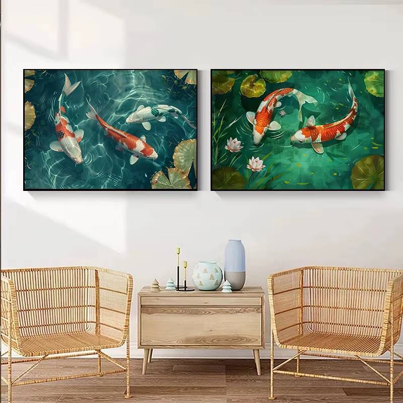 Nhật Bản Zen lấy cảm hứng từ cây thông koi hoàng hôn và chim Poster Không khung Tranh Canvas Trang trí tường nhà thanh lịch