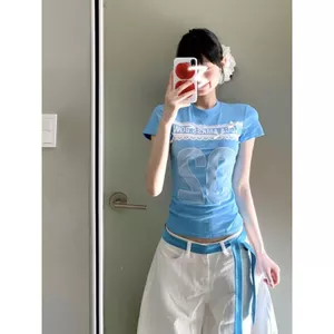 Áo thun ngắn tay thêu nơ cổ tròn dành cho nữ Mùa hè Phong cách mới Thời trang Sli