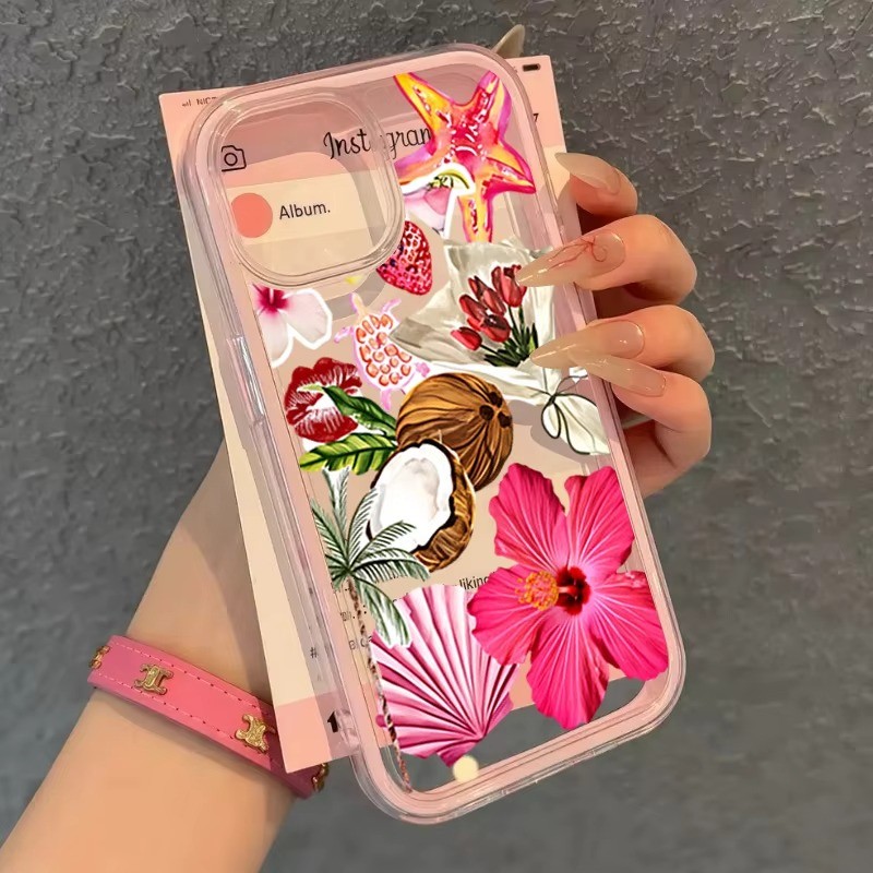 Hoa Nhiệt Đới Dừa Sao Biển TPU Màu Hồng Trong Suốt Ốp Lưng Điện Thoại iPhone 17 16 15 Pro Max 14 13 12 11 Pro 15 Plus Bìa Mềm