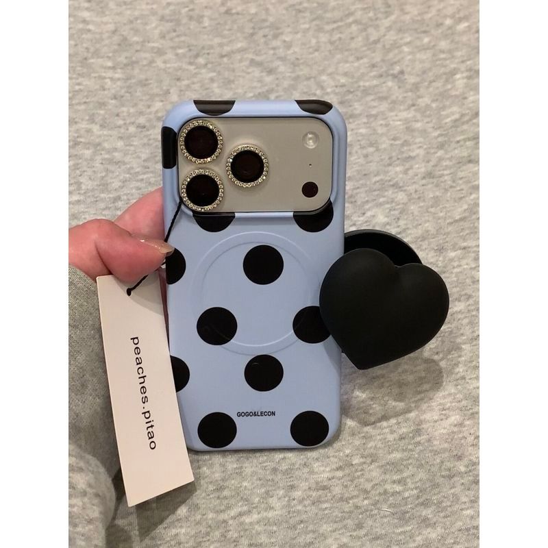 Phong Cách Hàn Quốc ins Xanh Đen Chấm Bi Phim Bao Gồm Tất Cả Từ Tính Tình Yêu Giá Đỡ 17promax Influencer 15pro Vỏ Điện Thoại