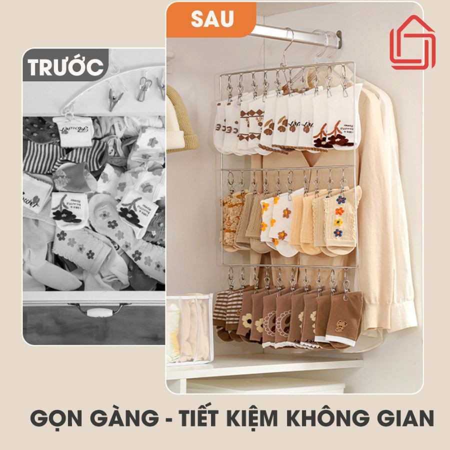 Móc Treo Đồ Inox Không Gỉ HomeMate 2/3 Tầng – Móc Phơi Đồ Lót, Tất Vớ Có Kẹp Chống Gió Siêu Tiện Lợi