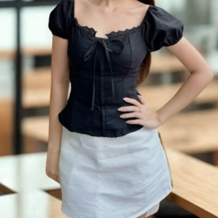 Áo babydoll nữ kiểu Linen tay phồng nơ ngực công chúa phong cách Ma380 - SamHi Closet