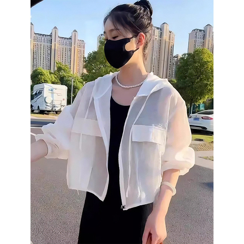 Áo khoác chống nắng nhẹ màu đỏ dành cho nữ, dáng rộng và thoáng khí, có mũ trùm đầu, áo khoác ngắn
