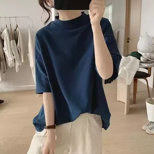 Áo thun nửa cổ cao nữ Xuân hè Phong cách mới dáng rộng dáng rộng dáng ôm hơn Phiên bản Hàn Quốc Áo cơ bản nửa tay đơn giản