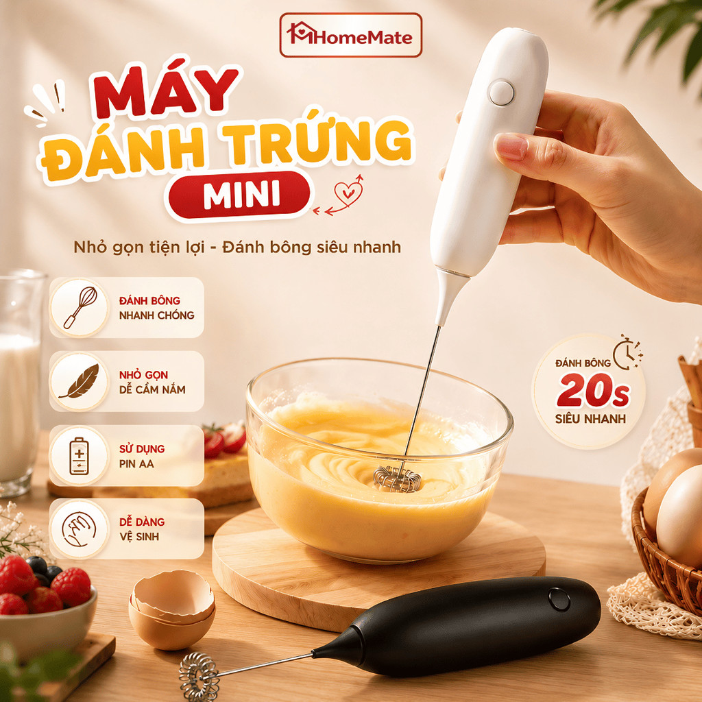 (CHÍNH HÃNG) Máy Đánh Trứng Mini HomeMate Inox 304 Cao Cấp – Máy Tạo Bọt Cà Phê Cầm Tay Dùng Pin, Đánh Matcha Đa Năng
