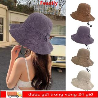 Mũ đan FEASTLY, Mũ xô vành rộng chống tia cực tím, Mũ che nắng thoáng khí có thể gập lại dành cho nữ