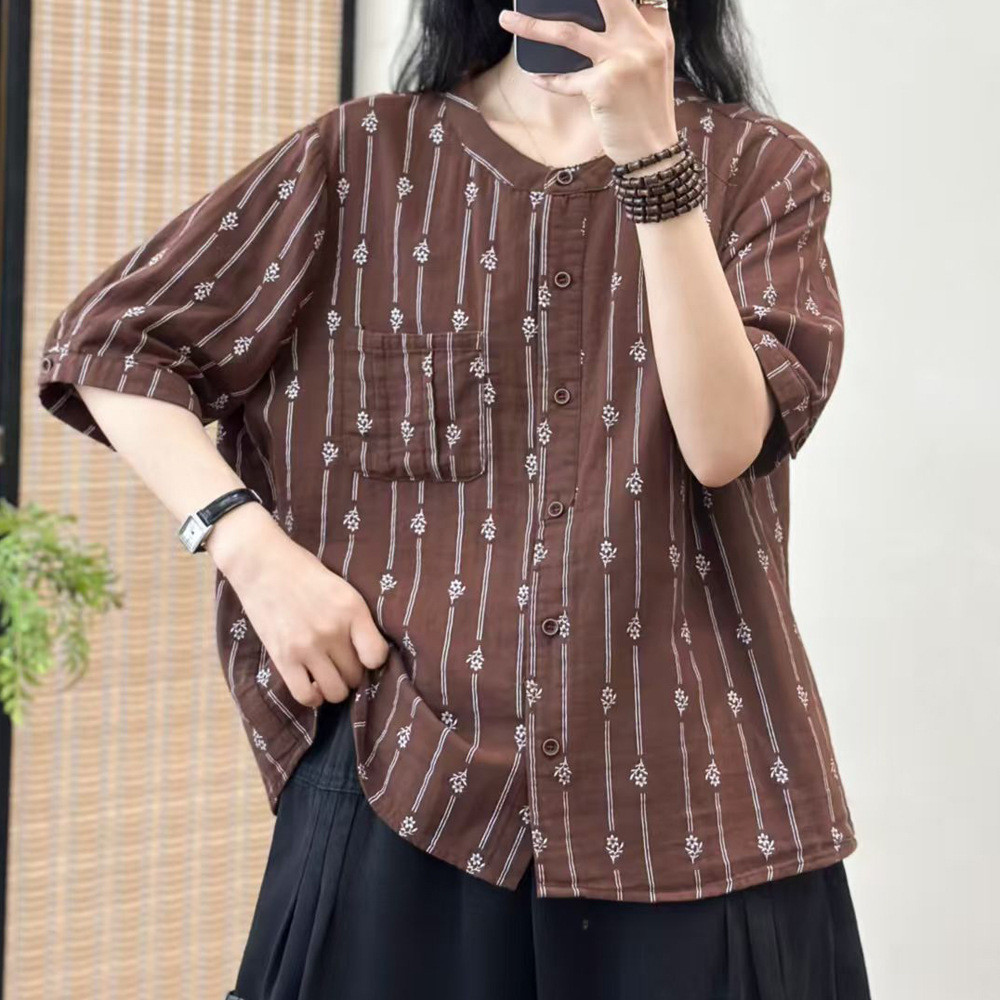 Áo sơ mi nữ cotton dáng rộng size lớn họa tiết hoa văn học cổ điển Cardigan tay ngắn