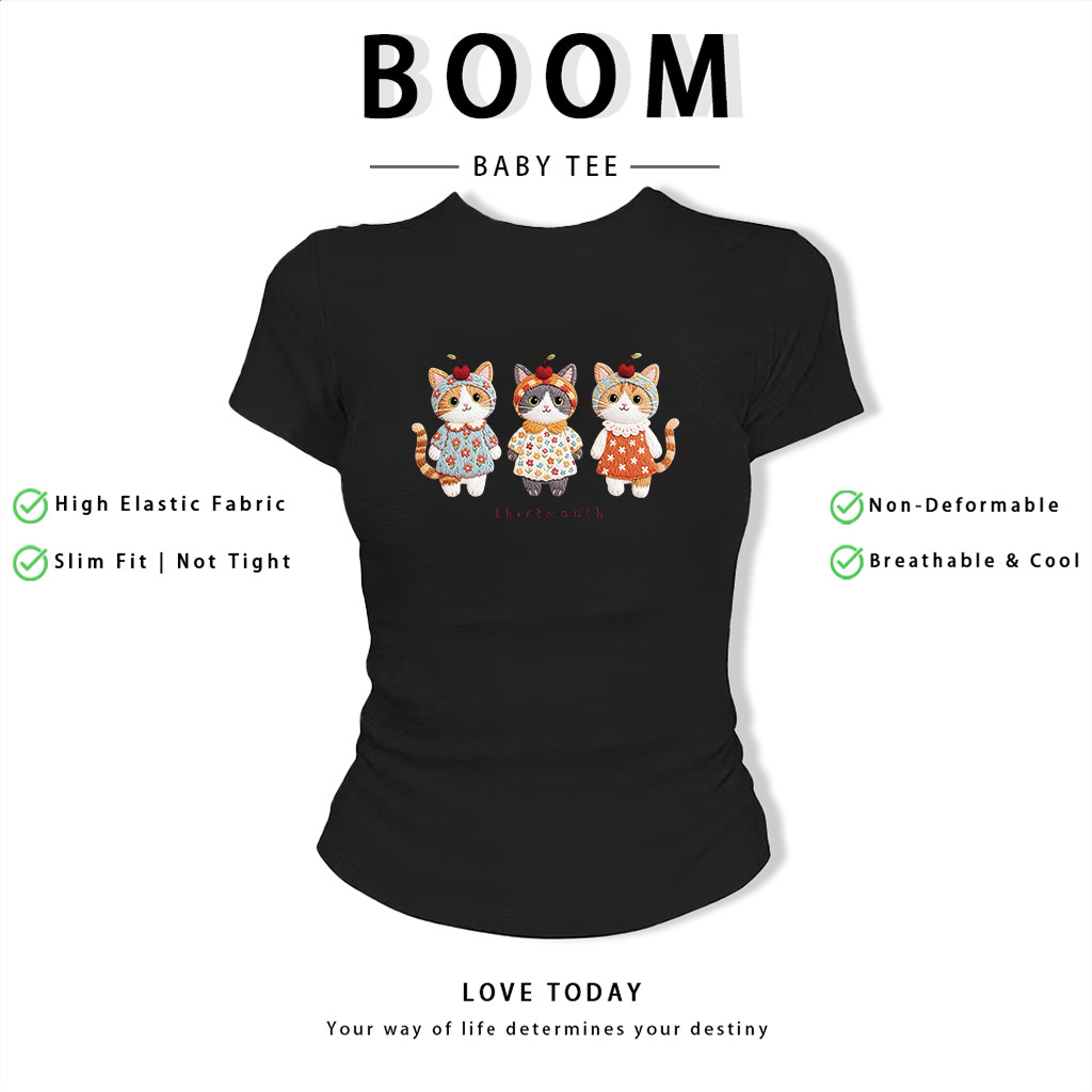 BOOM Áo Baby Tee Nữ Cotton Ôm Body-Áo Thun Ngắn Tay Y2K In Hình PhongCách Mùa Hè, Cổ Tròn Hàng Đầucách hàn quốc phongC29