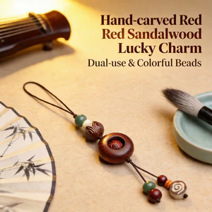 Dây chuyền điện thoại hoa sen khóa hòa bình bằng gỗ đàn hương màu đỏ - Charm may mắn chạm khắc bằng tay - Hạt hỗn hợp - Điện thoại / Chìa khóa kép