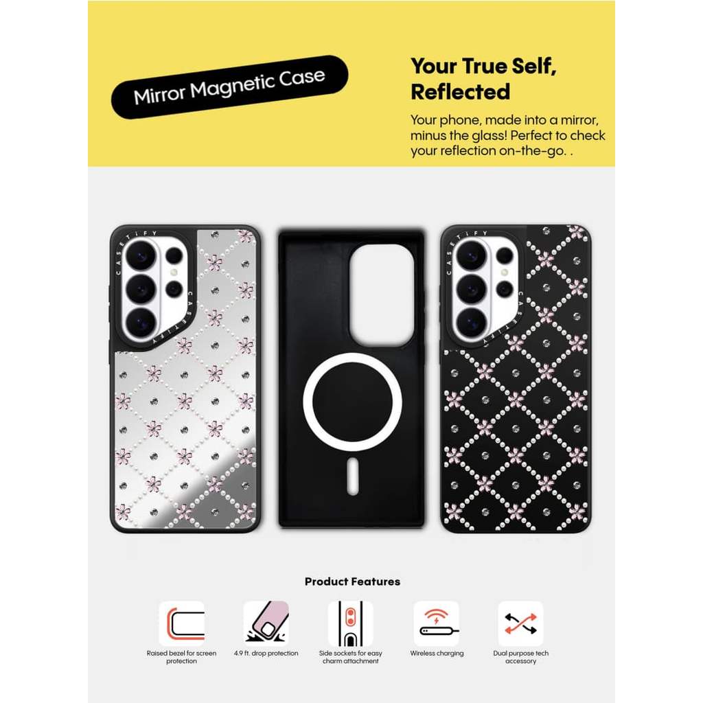 CASECASE X Pearl Pink Flower Case Matte Black & Sliver Mirror Vỏ hút từ tính Samsung Galaxy S26 Ultra S25 S24 S23 Ultra Plus Mặt sau cứng có hộp Logo khắc