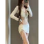 Bikini Nữ 3 Mảnh Màu Trắng Phối Charm Lấp Lánh Kèm Áo Khoác Lưới Và Váy Rút Dây Quyến Rũ Đi Biển Hồ Bơi Sang Chảnh