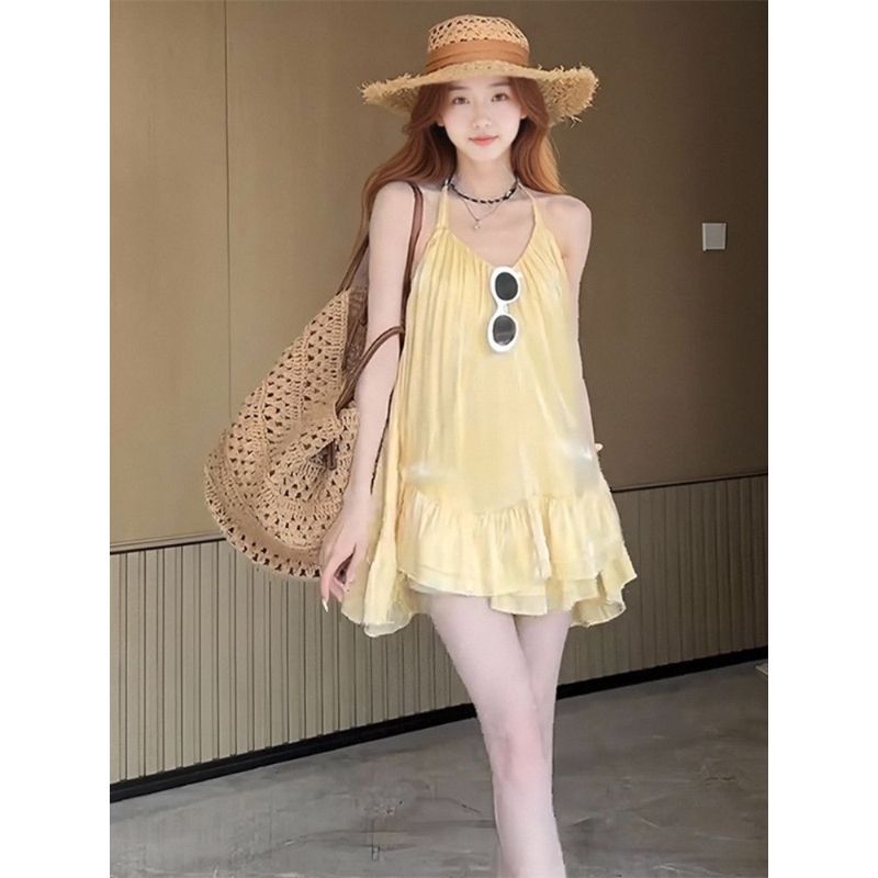[Ưu đãi đặc biệt trong thời gian có hạn] Đầm đeo cổ chữ V cổ chữ V cực lớn kiểu Pháp dành cho nữ Váy bánh hai lớp không đều mùa hè