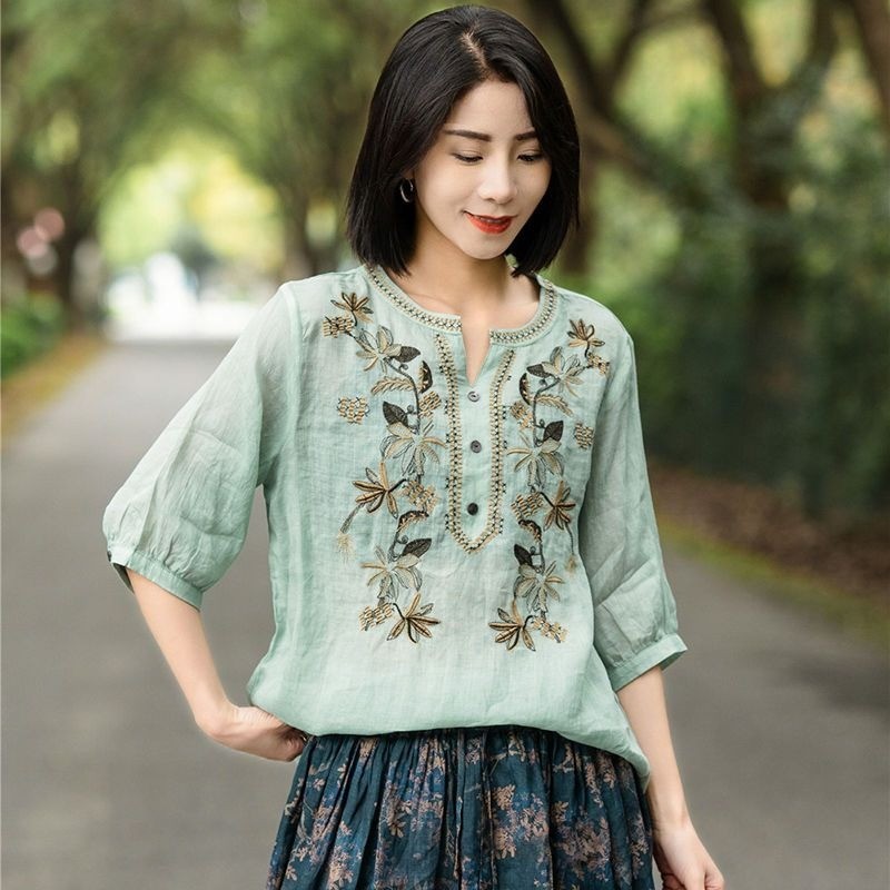 Áo sơ mi thêu phong cách Trung Quốc cổ điển dành cho nữ, phù hợp mát mẻ cho mùa hè