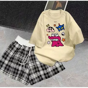 sét bộ quần đùi cộc Caro cạp trắng+mix áo phông form rộng in khủng long-SHOP THỜI TRANG THU BIO