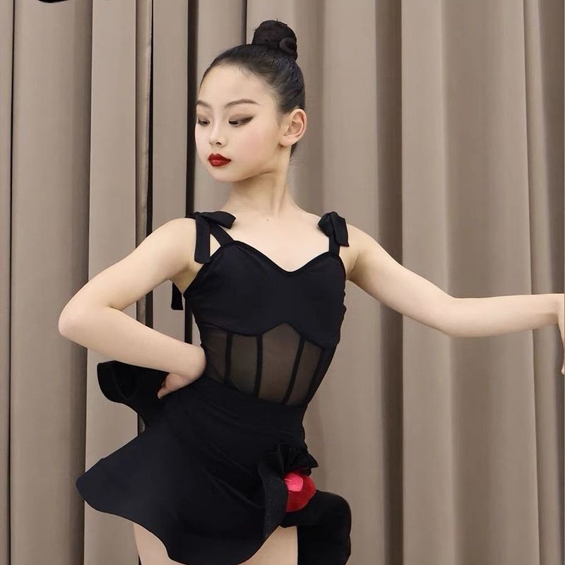 💕Chỗ💕 Chân Váy Khiêu Vũ Latin Tiêu Chuẩn Cuộc Thi Trang Phục Dây Đeo Trái Tim Lưới Hoa Hồng Ghép