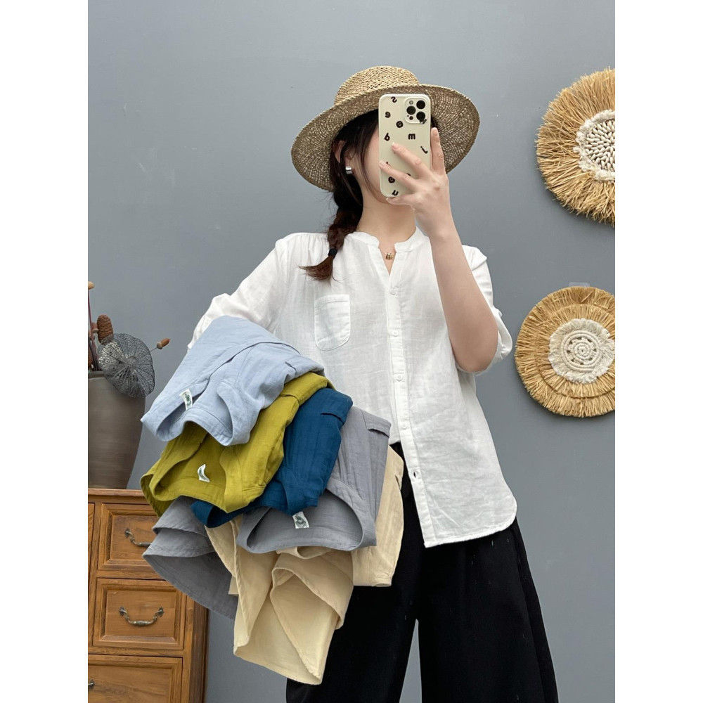 [Sẵn Sàng] Áo Sơ Mi Nữ 100% Sợi Cotton Cao Cấp Văn Học Cổ Chữ V Màu Trơn Cotton Mềm Thoáng Khí Áo Sơ Mi Cotton Cho Bé