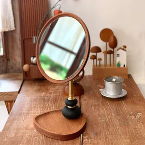 Gương trang điểm tròn để bàn bằng gỗ cổ điển, Bàn trang điểm xoay được Gương làm đẹp cổ điển Ins