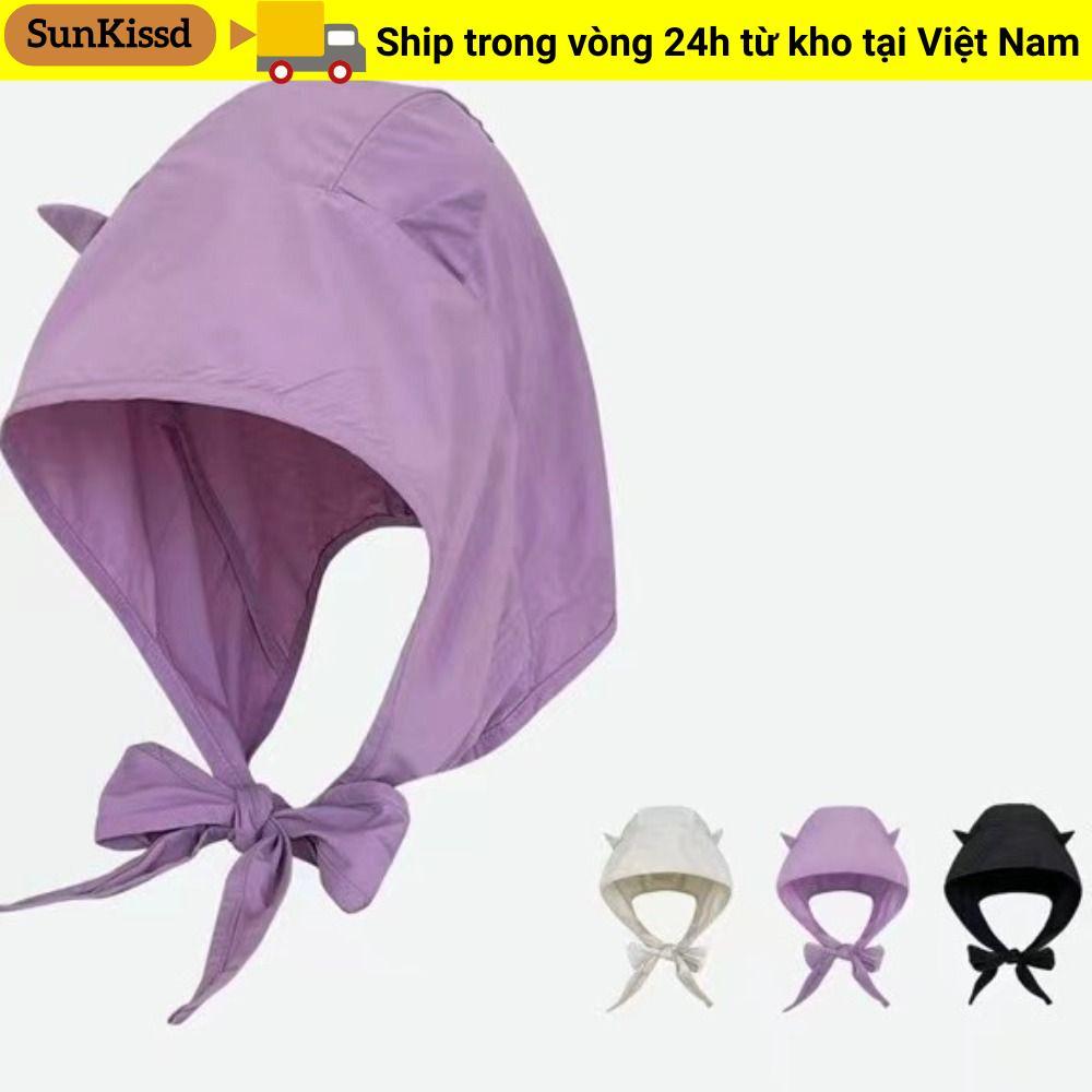 Mũ trùm đầu SUNKISSD, Mũ chui đầu buộc dây quỷ nhỏ ngộ nghĩnh, Mũ bảo vệ chống nắng màu trơn Y2K Hàn Quốc khô nhanh mùa hè