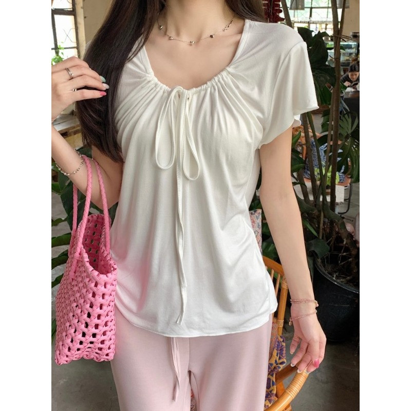SUXI Mùa hè mới dành cho nữ màu trơn nhẹ nhàng Áo thun ngắn tay xếp li 260430