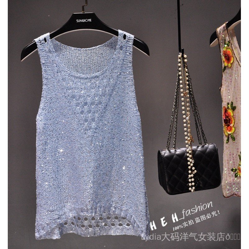 [Ưu đãi đặc biệt trong thời gian có hạn] Spike Size lớn Thời trang chất lượng cao dành cho nữ mùa hè Kim sa lấp lánh Kim sa lấp lánh Rỗng Áo dệt kim mỏng không tay ngắn phía trước ngắn lưng Áo thun dài Áo thun nữ hàng đầu
