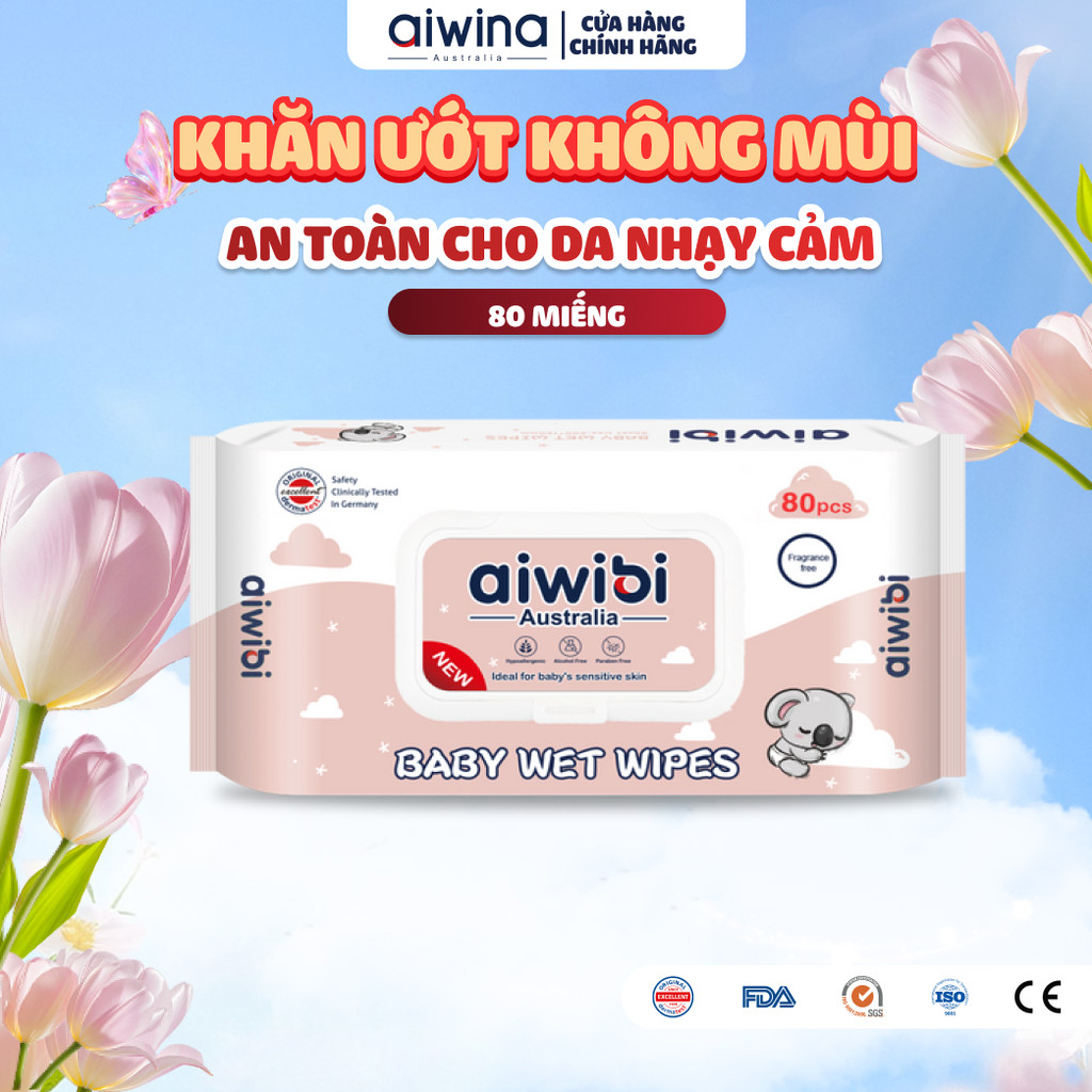 Khăn Ướt Không Cồn Aiwibi Dịu Nhẹ, An Toàn Cho Da Nhạy Cảm (1 Gói 80 Miếng)