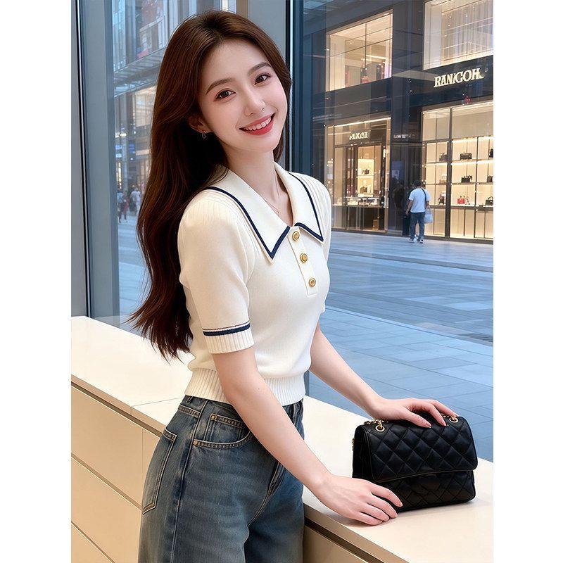 [Thời gian có hạn Seckill] Áo thun ngắn tay dệt kim cổ trắng kiểu Pháp dành cho nữ mùa hè 2026 Plus Size Fat MM Slimer Look Tính khí Áo đẹp