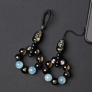 Mặt dây chuyền Obsidian Pixiu tự nhiên - Móc khóa cổ điển / Dây chuyền điện thoại / Túi quyến rũ - Vàng Sheen Obsidian - Hạt xanh & đen - Dây bện - Biểu tượng giàu có may mắn