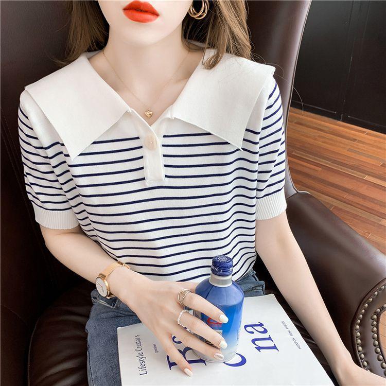 [Thời gian có hạn Seckill] Áo thun ngắn tay bằng lụa băng nữ mùa hè phong cách hải quân polo ve áo len sọc thiết kế rộng rãi Niche Top