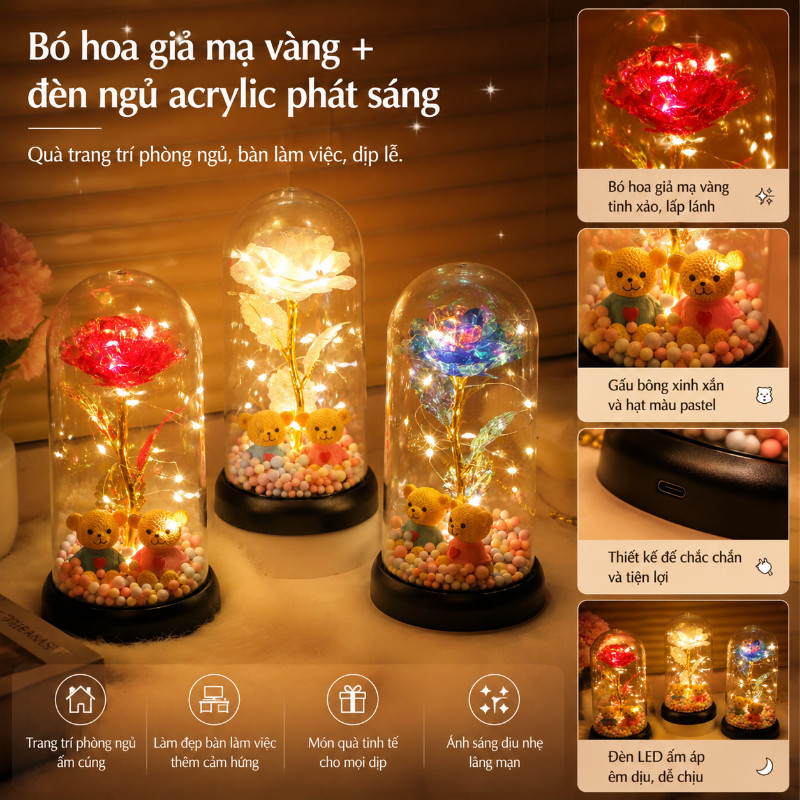 Hoa Hồng Vĩnh Cửu Phát Sáng 3D – Quà Tặng Valentine, Sinh Nhật, 8/3, Mạ Vàng 24K, Kèm Hộp Đế LOVE, Trang Trí Phòng