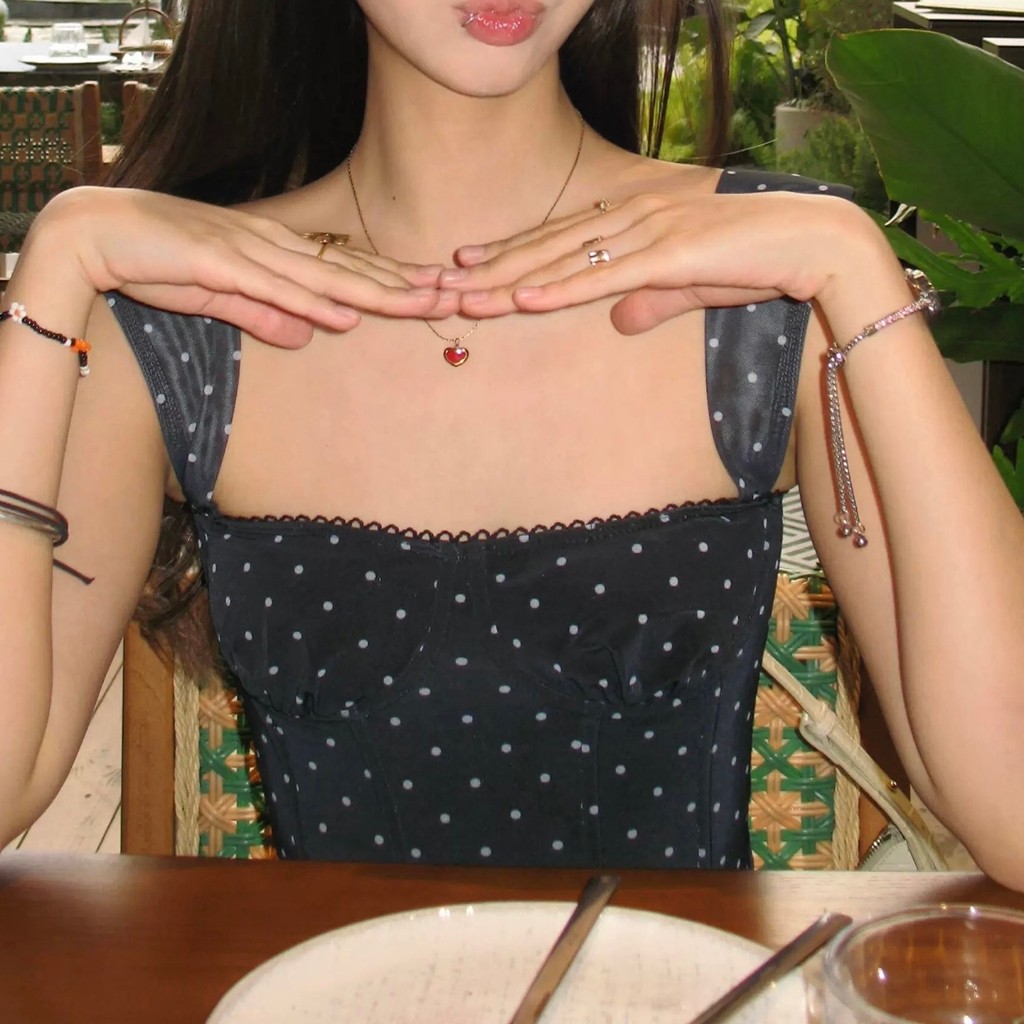 Cutenew Y2K Phong Cách Ngọt Ngào Xe Tăng Áo Nữ Xu Hướng Mùa Hè Ren Chắp Vá Chấm Bi In Lưng Rốn Lộn Đường Phố Áo Vest Thời Trang