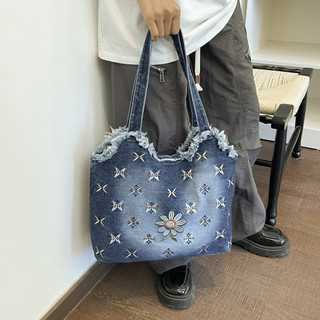 Túi tote thêu hoa hạng nặng độc đáo bằng vải denim đã giặt