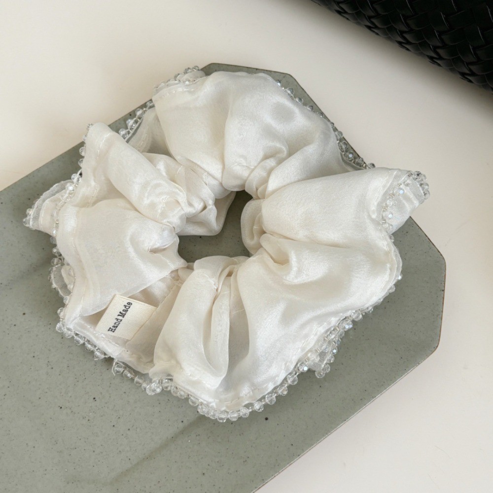 Hululu / {Soft Cream Satin} Crystal Seaming Dây buộc tóc ruột lớn Ngọc trai Satin Thời trang Nhẹ nhàng Con gái Phong cách bóng Dây cao su da đầu