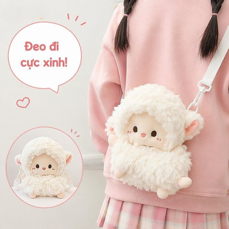 Túi đeo chéo nữ, ba lô hình cừu nhồi bông dễ thương, phù hợp cho học sinh và các bạn gái, một món quà thích hợp