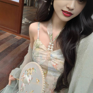 Đầm dài cổ halter thêu tranh sơn dầu cao cấp cho Nữ mùa hè phong cách kỳ nghỉ bãi biển ngọt ngào