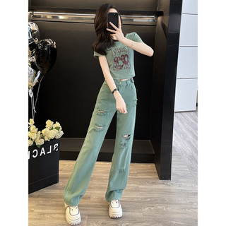 Bộ đồ thời trang thường ngày cho nữ, gồm áo in họa tiết đa năng mùa hè và quần jean rách trẻ trung